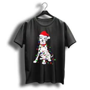 Dalmatian Puppy Wrapped In Colorful Christmas Lights Wearing Santa Hat T Shirt
