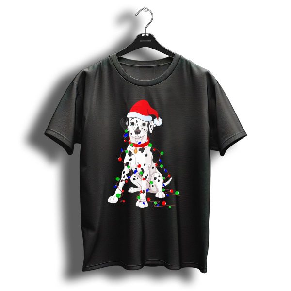 Dalmatian Puppy Wrapped In Colorful Christmas Lights Wearing Santa Hat T Shirt 1 t shirt 1