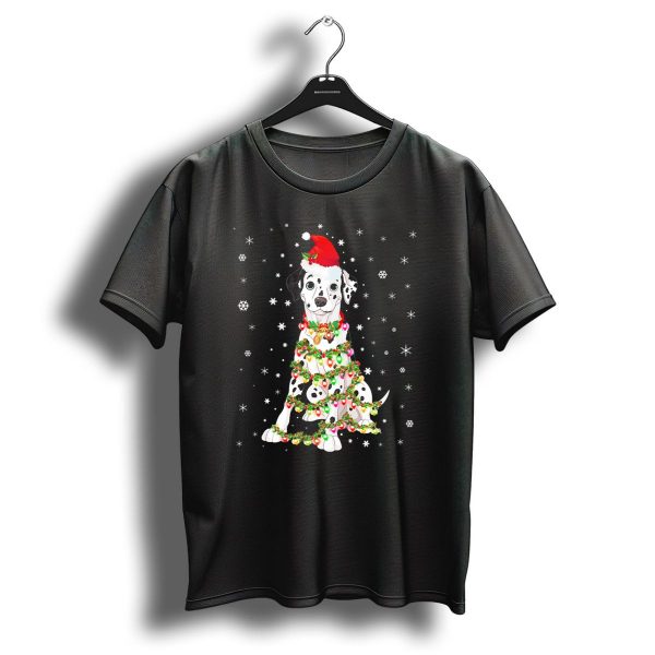 Dalmatian With Santa Hat Wrapped In Christmas Lights And Snowflakes T Shirt 1 t shirt 1
