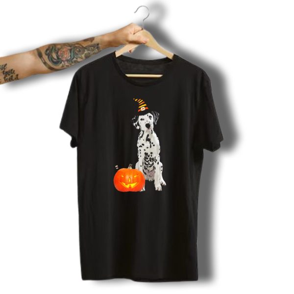 Dalmatian With Witch Hat And Pumpkin Halloween Dog T Shirt t shirt 1