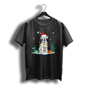 Dalmatian Wrapped In Christmas Lights With Santa Hat And Christmas Trees T-Shirt