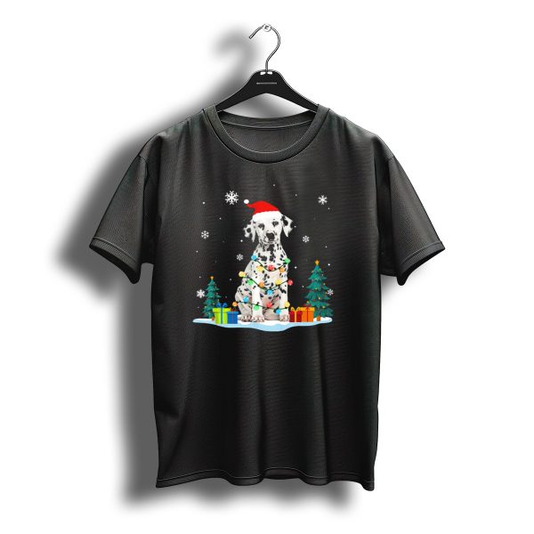 Dalmatian Wrapped In Christmas Lights With Santa Hat And Christmas Trees T Shirt t shirt 1