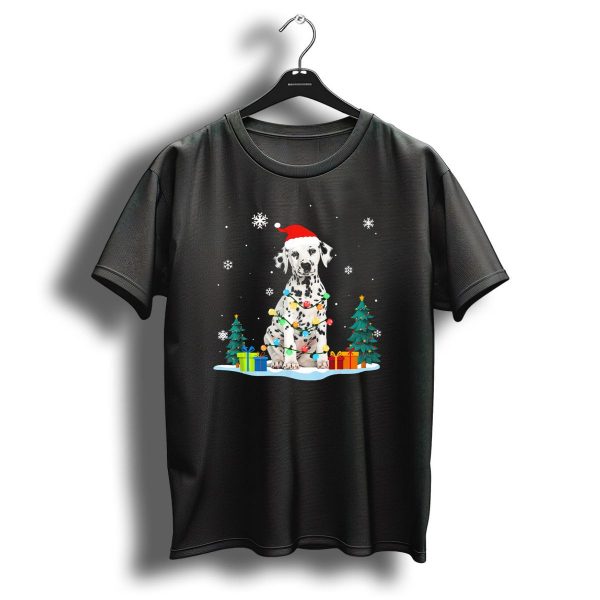 Dalmatian Wrapped In Christmas Lights With Santa Hat And Presents Surrounding Snowy Christmas Trees T Shirt 1 t shirt 1