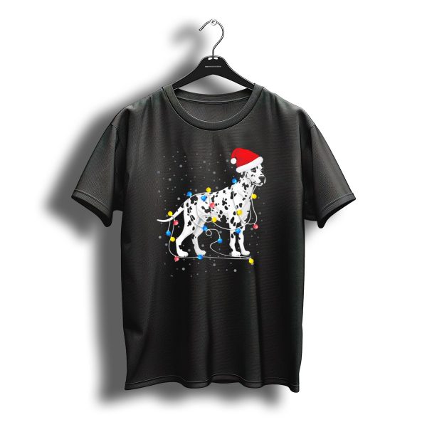 Dalmatian Wrapped In Colorful Christmas Lights With Santa Hat T Shirt t shirt 1