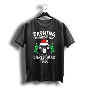 Dashing Through The Christmas Tree Cat Santa Hat T-Shirt