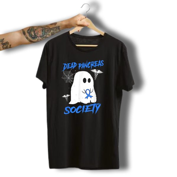 Dead Pancreas Society Diabetes Awareness Halloween Ghost With Blue Ribbon And Caduceus T Shirt t shirt 1