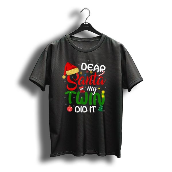 Dear Santa My Twin Did It Christmas Lights Ornaments Santa Hat Stockings T Shirt t shirt 1