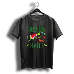 Deck The Halls Grinch In Santa Outfit With Max And Christmas Ornaments T-Shirt