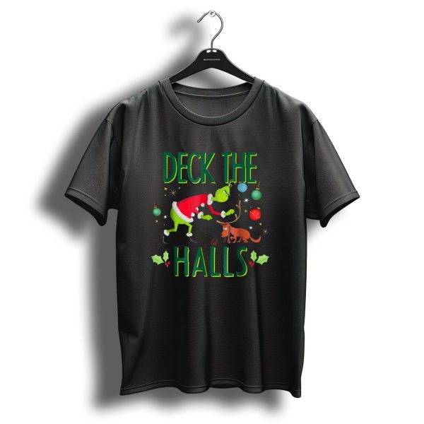 Deck The Halls Grinch In Santa Outfit With Max And Christmas Ornaments T Shirt 1 t shirt 1