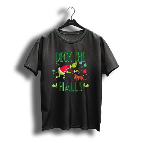 Deck The Halls Grinch In Santa Outfit With Max And Christmas T Shirt t shirt 1