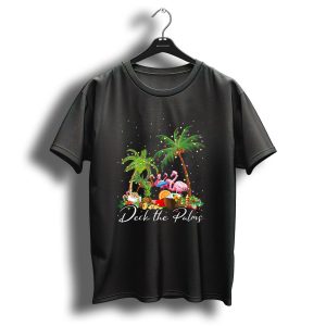 Deck The Palms Flamingo Christmas Tree Lights Holiday Tropical Scene T-Shirt