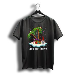 Deck The Palms Tropical Christmas Palm Tree With Santa Hat Flamingo T-Shirt