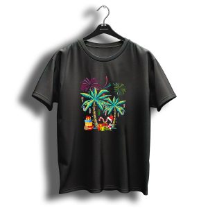 Decorated Tropical Christmas Palm Tree With Gifts And Fireworks T-Shirt