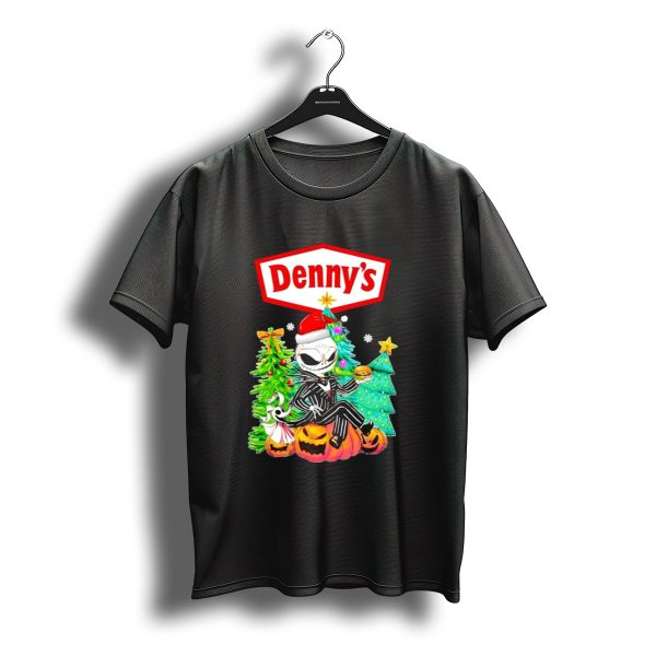 Dennys Jack Skellington Santa Sitting On Pumpkins With Christmas Trees T Shirt t shirt 1