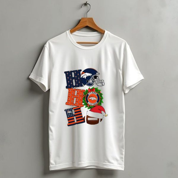 Denver Broncos Ho Ho Ho Merry Christmas Football Helmet Wreath Santa Hat Holiday T Shirt 1 t shirt 1