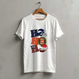 Denver Broncos Ho Ho Ho Merry Christmas Football Helmet Wreath Santa Hat Holiday T-Shirt