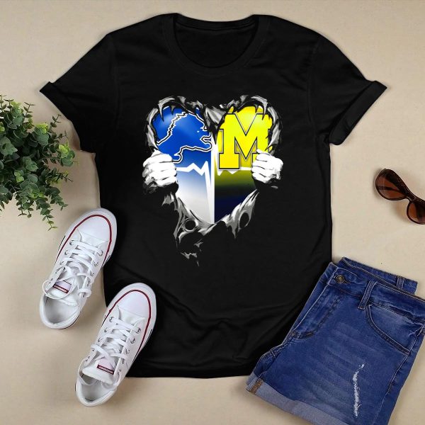 Detroit Lions And Michigan Wolverines Split Heart T Shirt Black 1