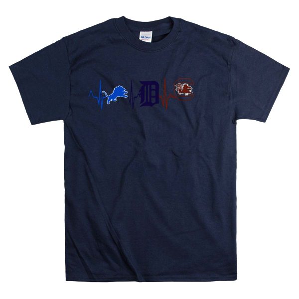 Detroit Lions Detroit Tigers South Carolina Gamecocks Heartbeat T Shirt 1 Navy