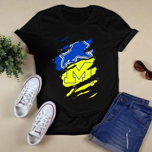 Detroit Lions Michigan Wolverines Football Fan Logo Crossover T-Shirt