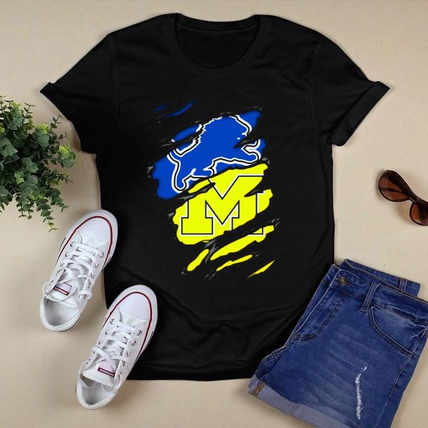 Detroit Lions Michigan Wolverines Football Fan Logo Crossover T Shirt Black 1