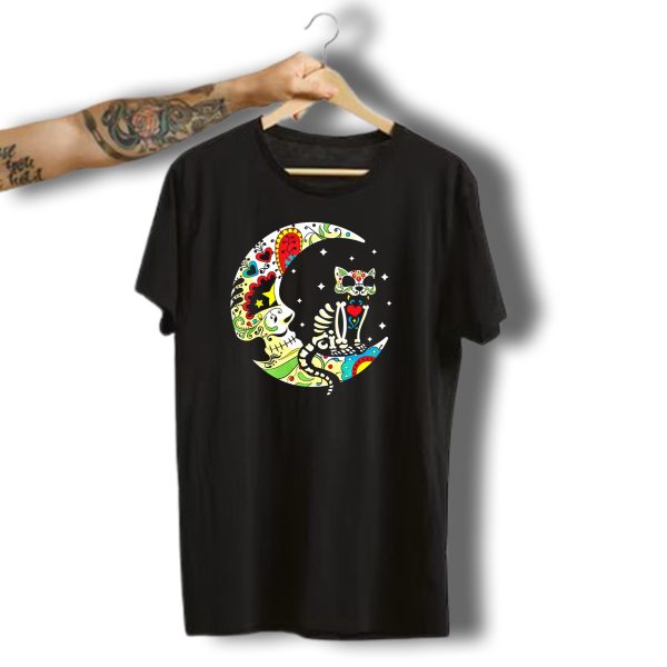 Dia De Los Muertos Halloween Sugar Skull Cat On Crescent Moon T Shirt t shirt 1