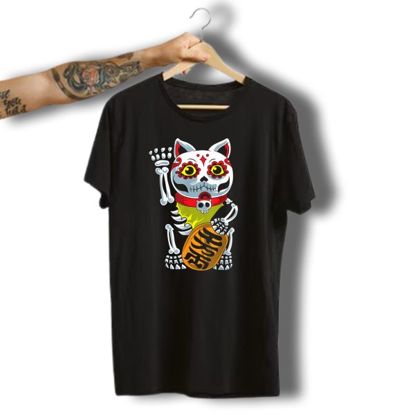 Dia De Los Muertos Halloween Sugar Skull Maneki Neko Cat T Shirt t shirt 1