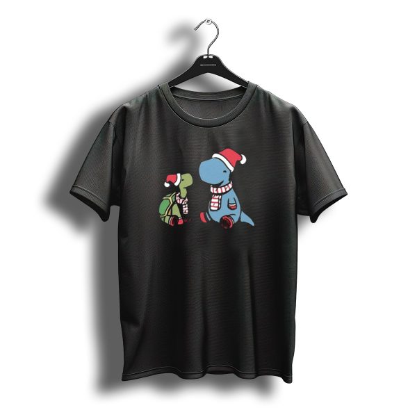 Dinosaur Christmas Tortoise And Dino In Santa Hats And Scarves T Shirt t shirt 1