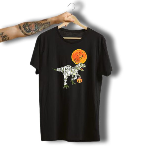 Dinosaur Halloween Mummy With Pumpkin And Full Moon Background T Shirt t shirt 1