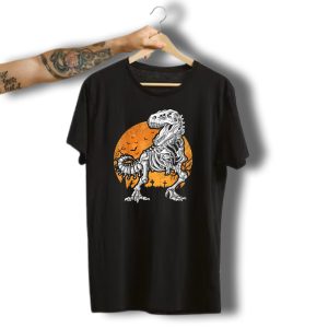Dinosaur Skeleton Halloween Scene With T Rex And Bats In Spooky Graveyard T-Shirt