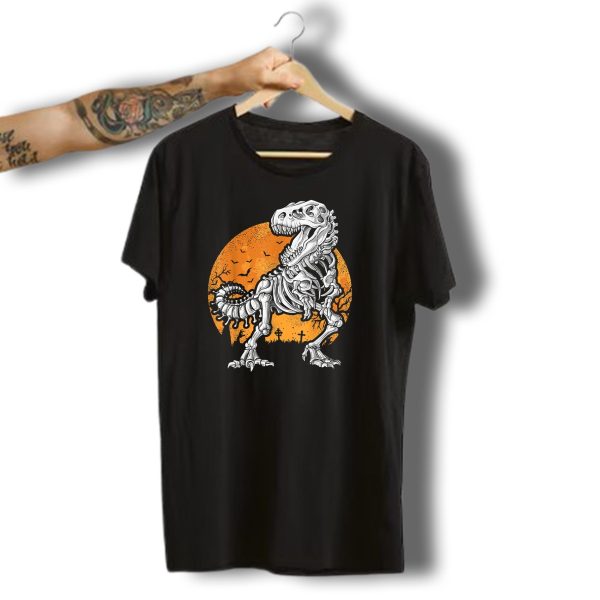 Dinosaur Skeleton Halloween Scene With T Rex And Bats In Spooky Graveyard T Shirt 1 t shirt 1