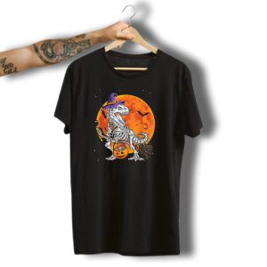 Dinosaur Witch Skeleton Halloween Costume Riding Broomstick With Pumpkin And Full Moon T-Shirt