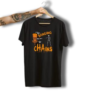 Disc Golf Halloween Skeleton Banging Chains With Pumpkin Basket And Bats T-Shirt