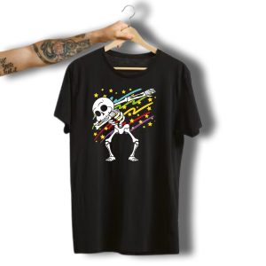 Disco Party Music Dabbing Dab Skeleton With Stars And Colorful Streaks Halloween T-Shirt