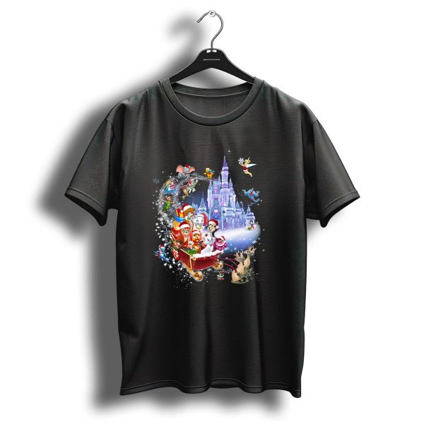 Disney Cats Christmas Castle Sleigh With Santa Hats And Tinker Bell T Shirt 1 t shirt 1