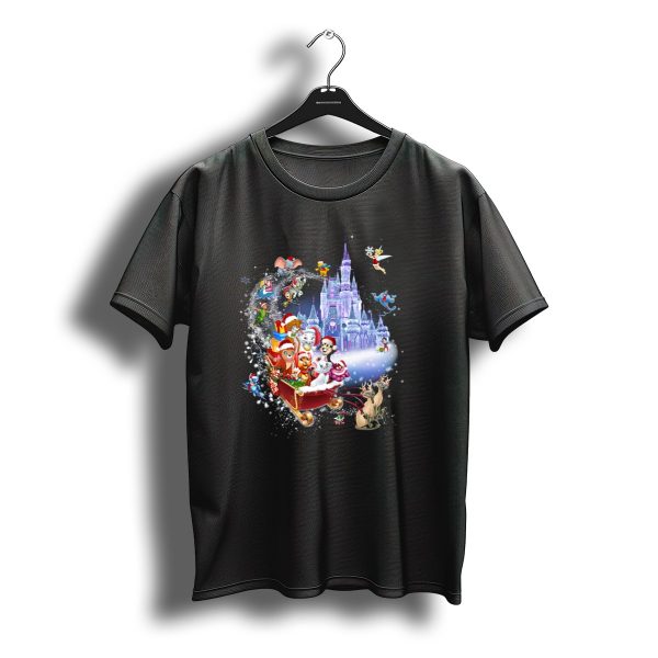 Disney Cats Christmas Castle Sleigh With Santa Hats And Tinker Bell T Shirt t shirt 1