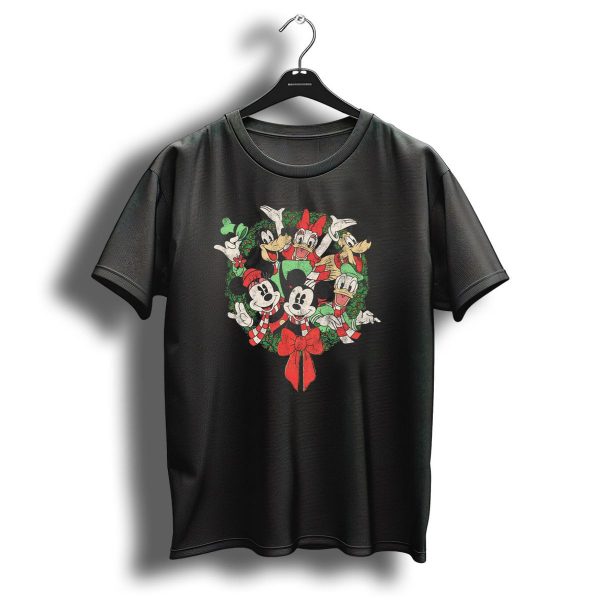 Disney Christmas Characters In Festive Wreath With Mickey Minnie Donald Daisy Goofy Pluto T Shirt 1 t shirt 1