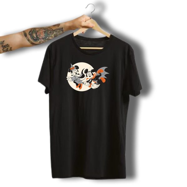 Disney Halloween Mickey And Minnie Witch And Vampire Flying On Broomstick T Shirt t shirt 1