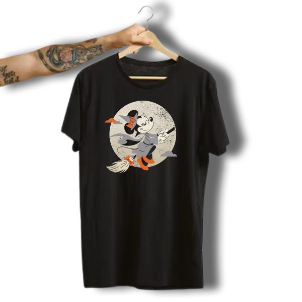 Disney Halloween Minnie Mouse Witch Flying On Broomstick Moon Background T Shirt t shirt 1