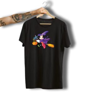 Disney Halloween Minnie Mouse Witch On Broomstick With Bat And Pumpkin T-Shirt