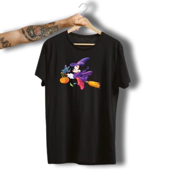 Disney Halloween Minnie Mouse Witch On Broomstick With Bat And Pumpkin T Shirt t shirt 1