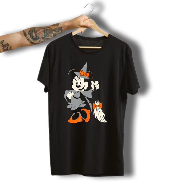 Disney Halloween Minnie Mouse Witch With Broom And Orange Accents T Shirt t shirt 1