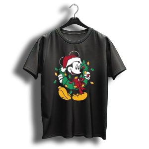 Disney Mickey Mouse Christmas Wreath Lights Santa Hat Holiday Decor T Shirt