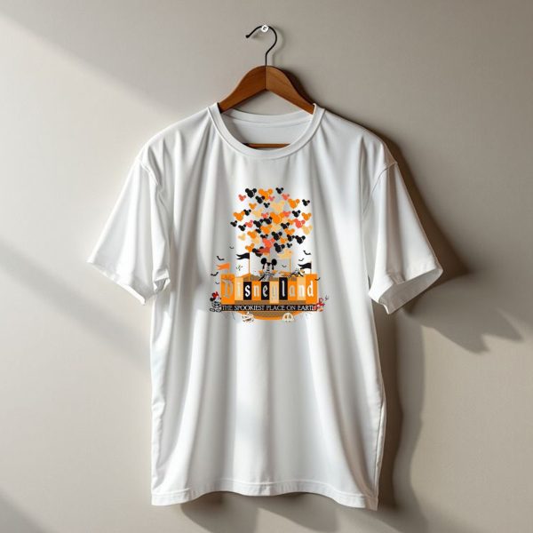 Disneyland Halloween Mickey Mouse The Spookiest Place On Earth Orange Bats And Pumpkins T Shirt t shirt 1