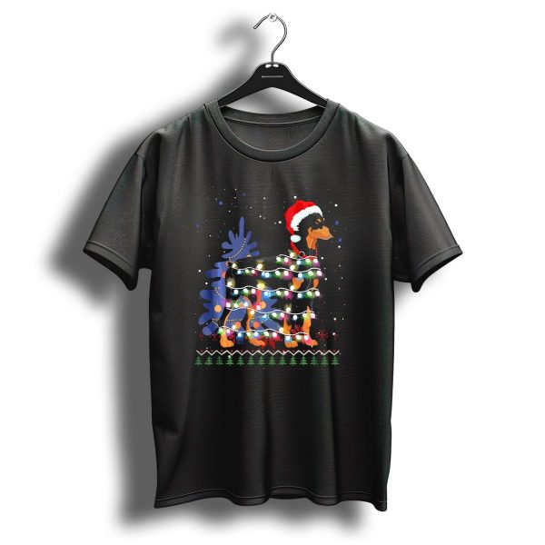 Doberman Christmas Tree Lights Santa Hat T Shirt 1 t shirt 1