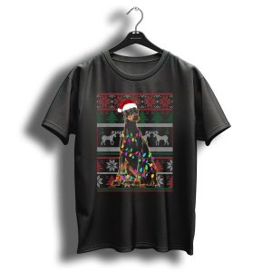 Doberman Christmas Ugly Sweater Style With Santa Hat And Lights T Shirt