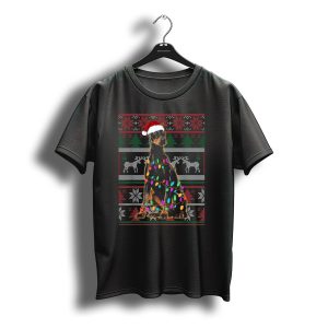 Doberman Christmas Ugly Sweater Style With Santa Hat And Lights T-Shirt