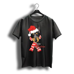 Doberman Dog Merry Christmas Y'All With Santa Hat And Red Stripes T-Shirt
