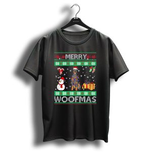 Doberman Pinscher Dog Merry Woofmas Snowman Presents Candy Cane Christmas T-Shirt