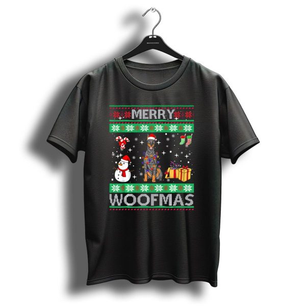 Doberman Pinscher Dog Merry Woofmas Snowman Presents Candy Cane Christmas T Shirt 1 t shirt 1