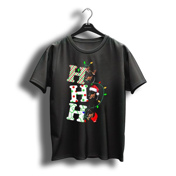 Doberman Pinscher Ho Ho Ho Santa Hat Christmas Reindeer Lights T Shirt t shirt 1